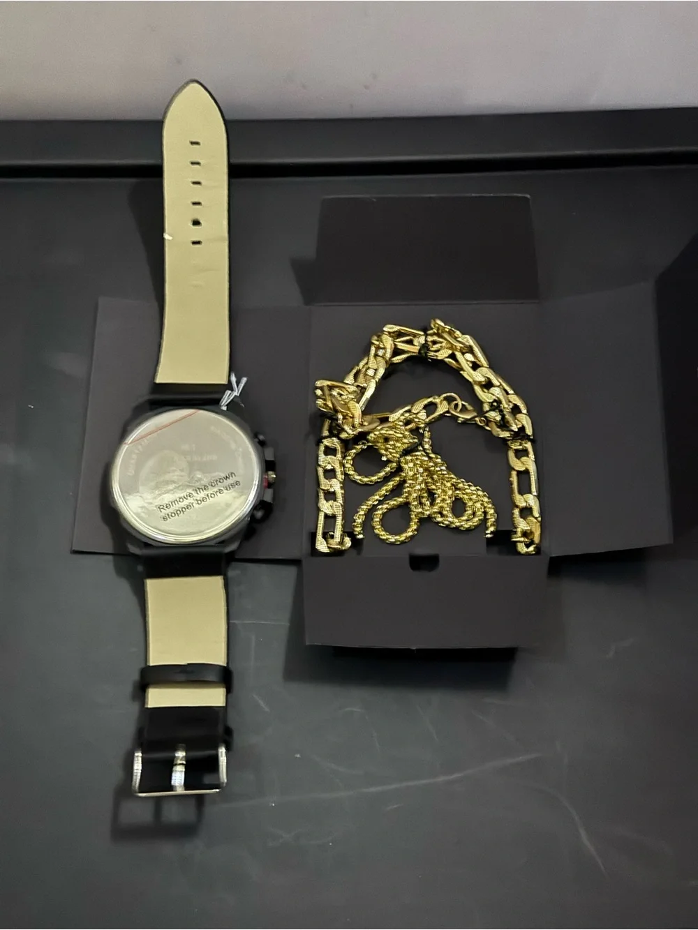 Ed Hardy Black and Gold Watch with Gold Cross Necklace Set